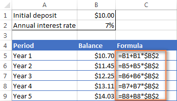 The balance for 5 years with 7% interest rate compounded yearly