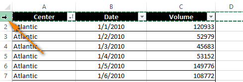 Use the black arrow to select a row or several rows