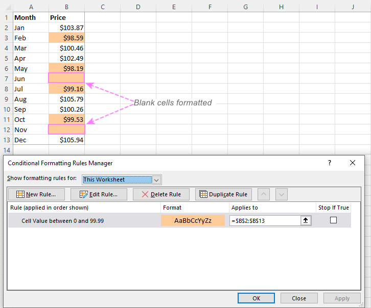 Conditional formatting highlights blank cells.