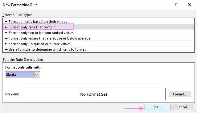 Create a conditional formatting rule for empty cells.