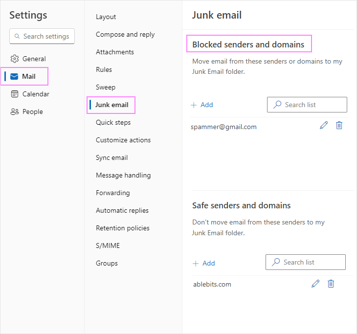 Manage blocked senders in Outlook web app.