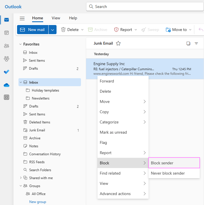 Blocking a sender in the new Outlook