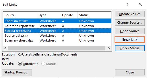 Breaking external links in Excel