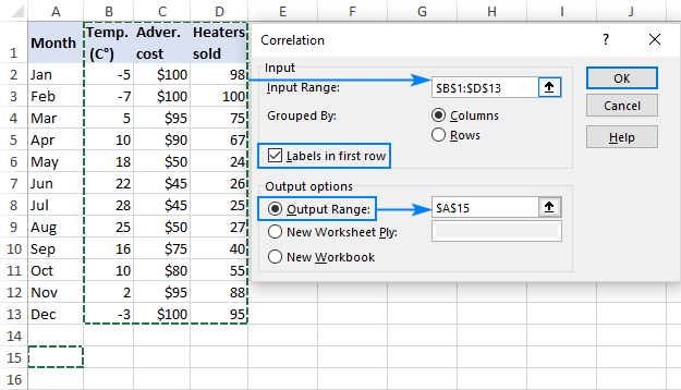 Making a correlation matrix in Excel