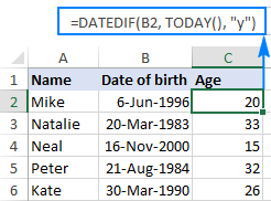 DATEDIF formula to calculate age in years