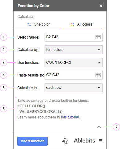 Sum and count values of all colors in the range.