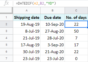 Subtract years and calculate remaining days between two dates in Google Sheets.