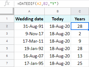 Calculate Google Sheets date difference in full years.