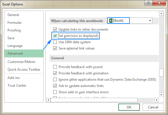 Setting Excel calculation precision as displayed