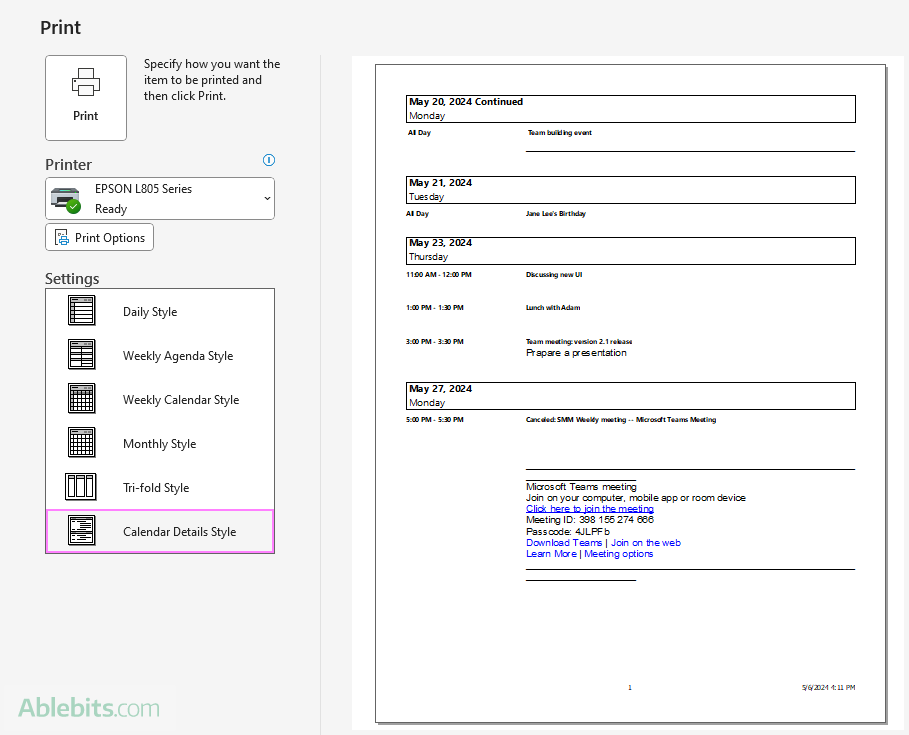 Outlook calendar details style