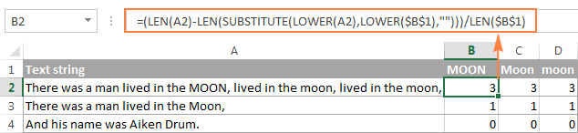 Case-insensitive formula to count specific words in a cell