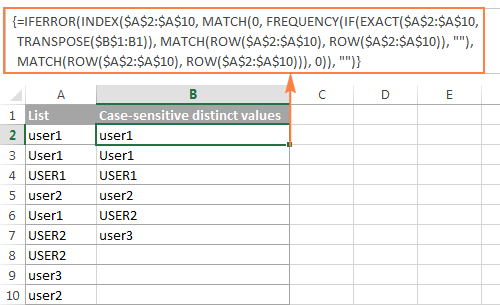 Array formula to get case-sensitive distinct values in Excel