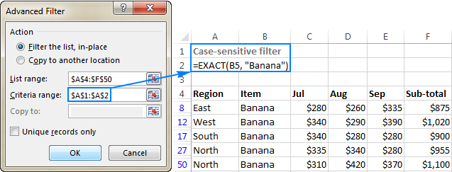 Case-sensitive filter for text values