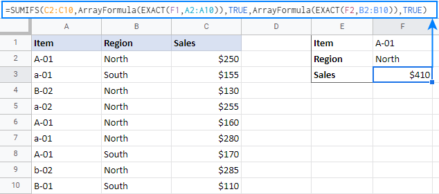 Case-sensitive SUMIFS in Google Sheets