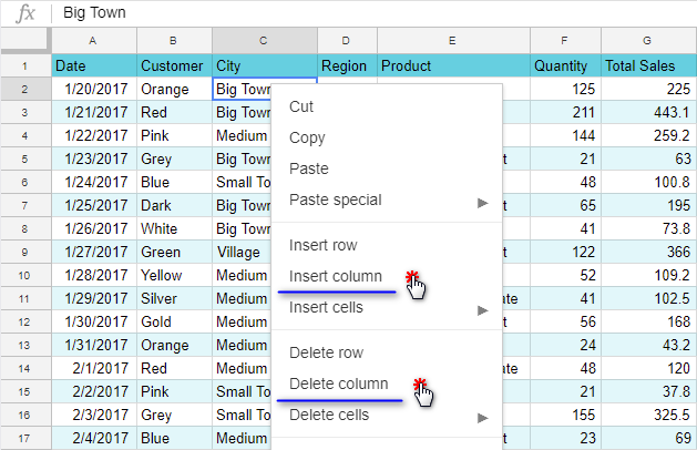 Delete and add columns using cell context menu.