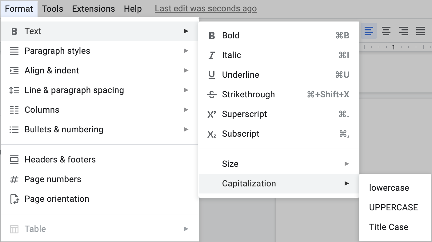 Google Docs capitalization menu.