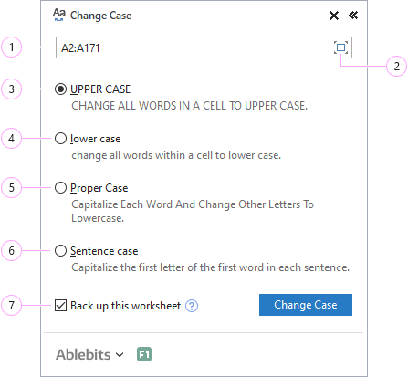 Lower, upper, proper, or sentence case.