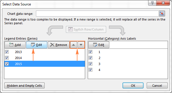 Editing the data series using Select Data Source dialog