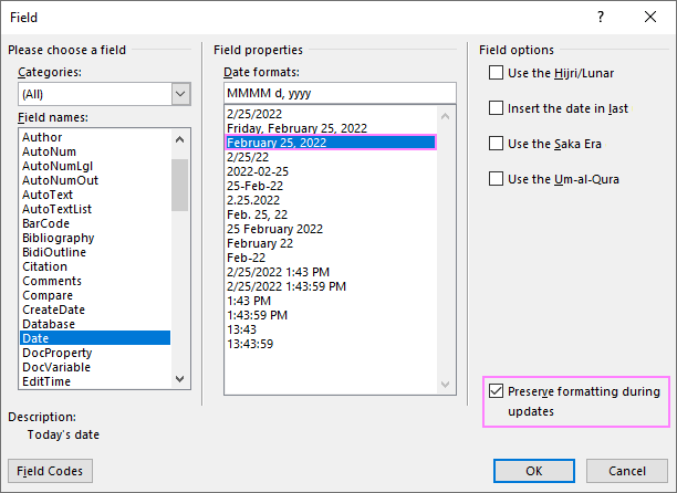 Select the desired format for the Date field.