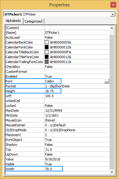 In the Properties window, set the desired height, width, font theme and size