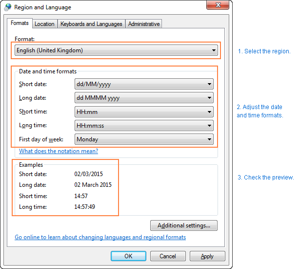 Setting the default date and time formats in Control panel