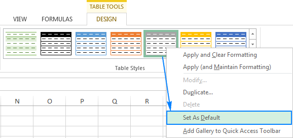 Changing the default table style in Excel