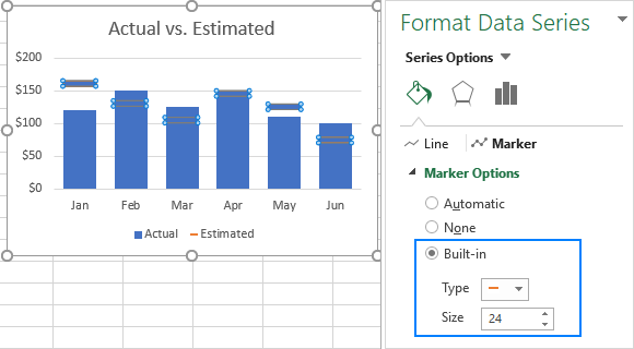 Select the horizontal bar type and set the size for the markers.