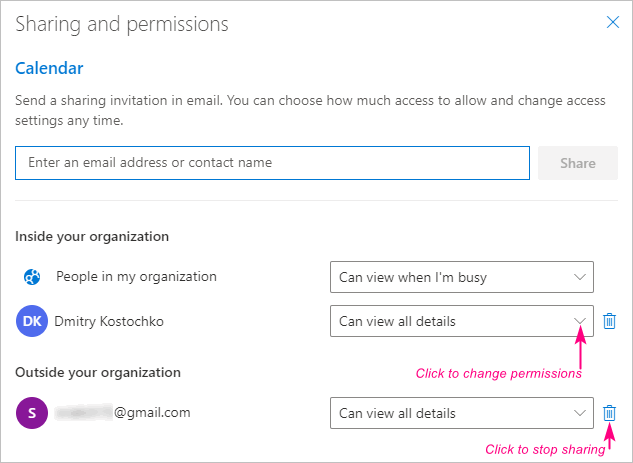 Change permissions or stop sharing your Outlook calendar.