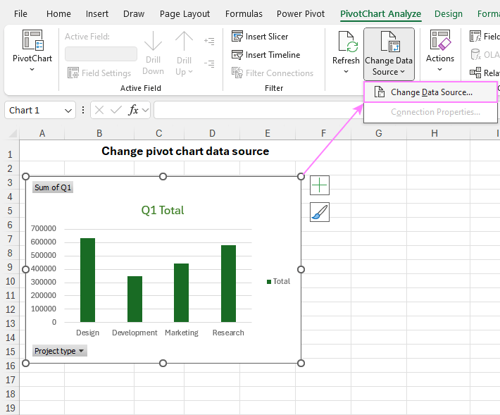 Change the pivot chart data source.