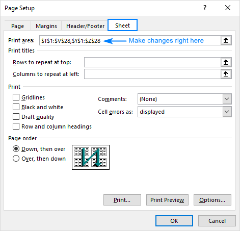 Changing print area in Excel