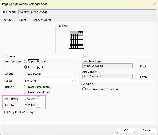 Set the time range for printing.