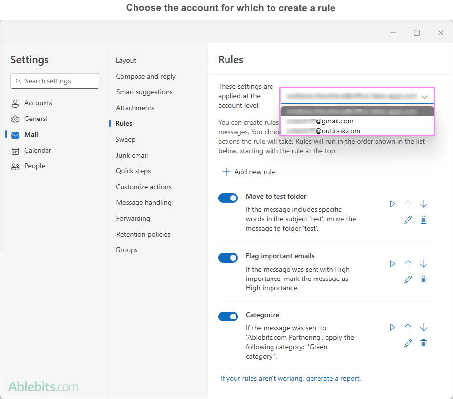 In the new Outlook, set up rules for each account individually.