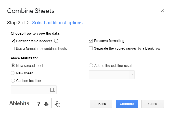 Use additional options to merge sheets.