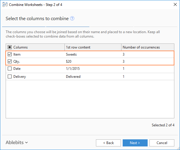 Merge specific columns from multiple sheets.