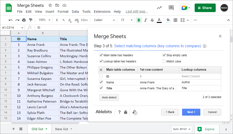 Pick matching columns that will be used as unique identifiers.