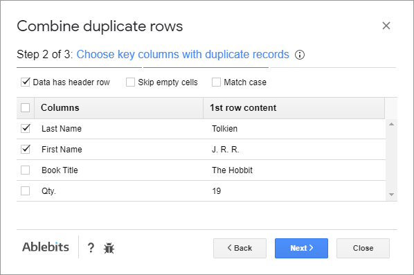 Choose key columns with duplicate records.