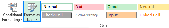 Choosing a table style when creating a table