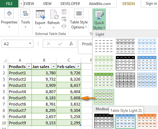 Excel Table Styles Gallery