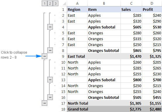 Click the minus button at the bottom of a group bar to collapse rows within a group.