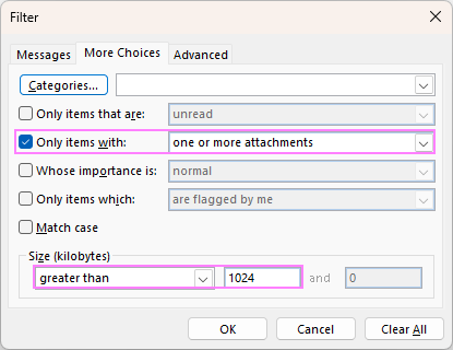 Highlight emails larger than 1MB with attachments.
