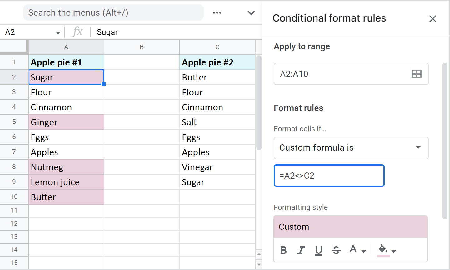 Google Sheets – compare two lists.