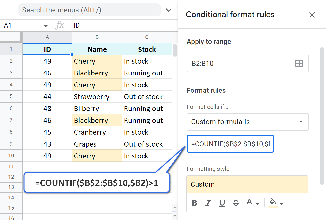 Highlight duplicate cells in Google Sheets.