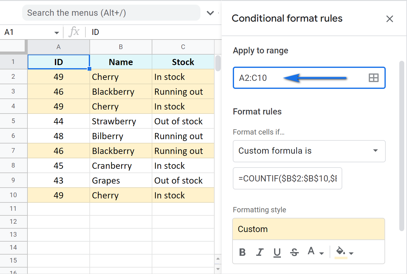 Highlight duplicate rows in Google Sheets based on the column values.