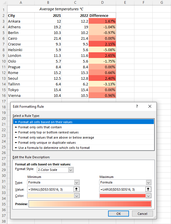 Excel color scale formulas