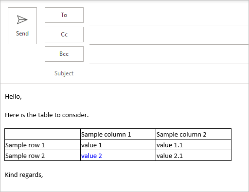 A colored table cell value in the email body