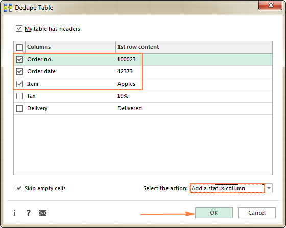 Select the column(s) to check for duplicates and choose an action.