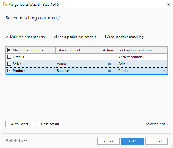 Specify the column pairs to match.