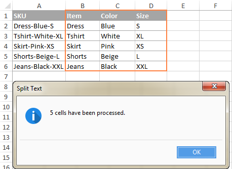 A column of strings is split into 3 different cells in a button click.