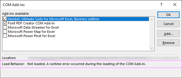 Not Loaded. A runtime error occurred during the loading of the COM Add-In.