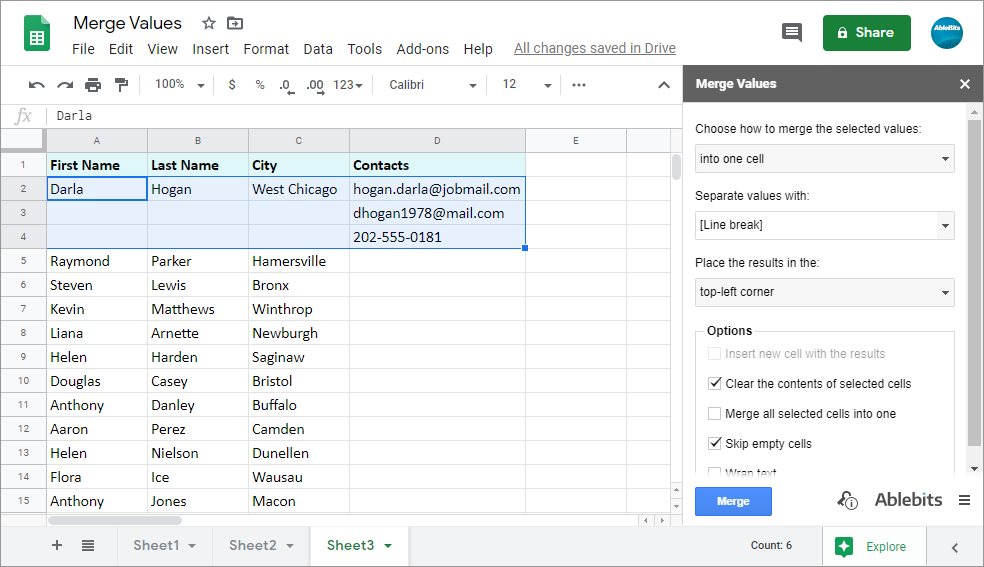 Choose to merge all selected values into one cell